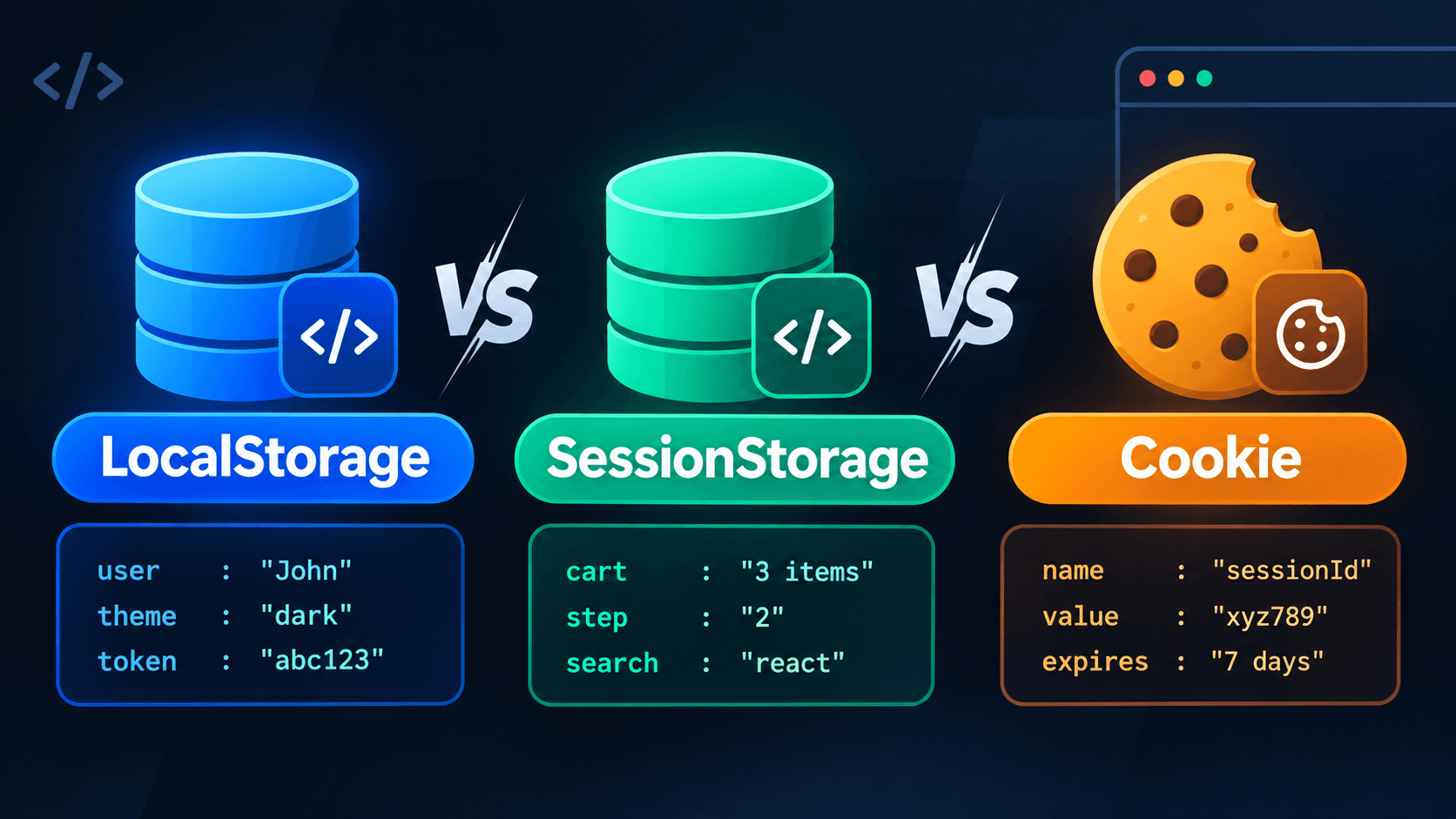 What are the differences between LocalStorage, SessionStorage, and Cookies? When should you use each of them?